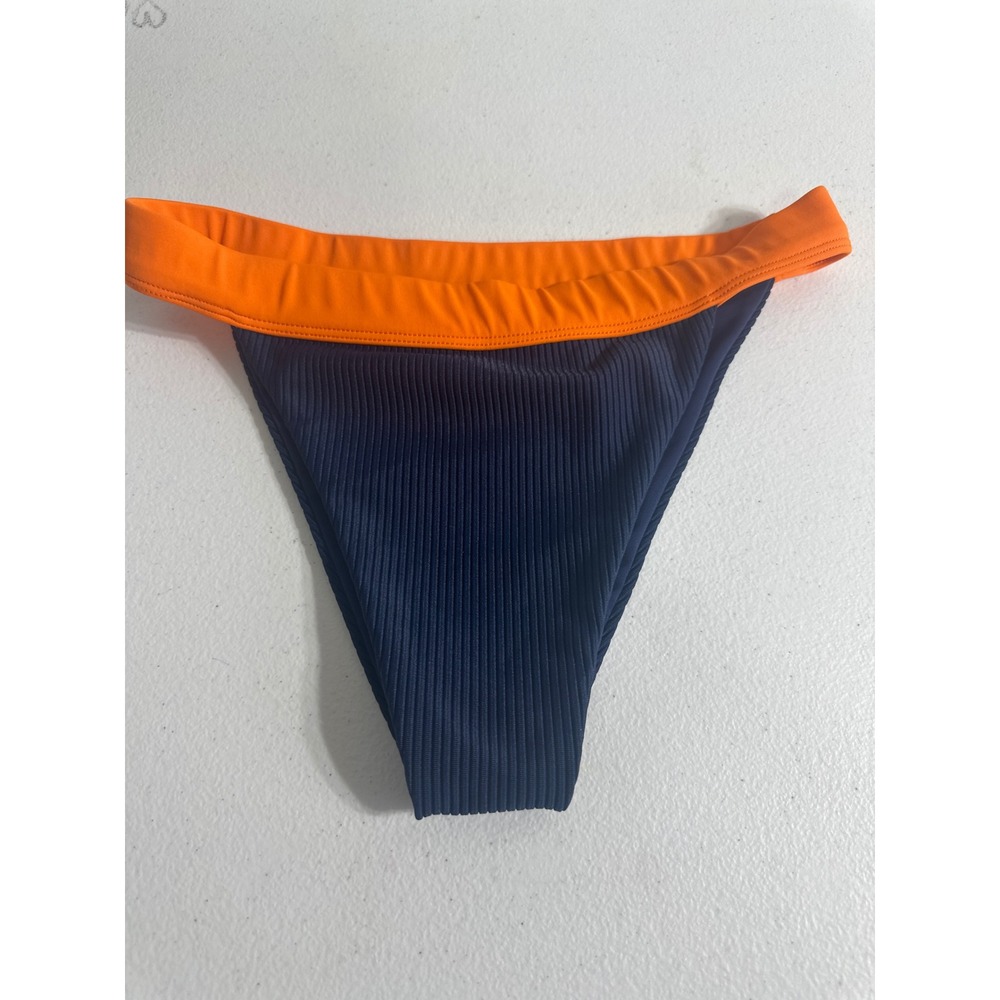 NWT TJ Swim Navy Blue and Orange Ribbed High Cut Bikini Bottoms Size S